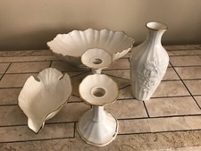 6pc Lenox Ivory Gold Trim Lot: Vase, Candlesticks, Symphony Bowl, Dove Dish picture