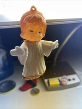 Vintage 1960s Japan Angel Ornament White Flocked Dress Celluloid Face 4
