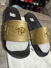 Versace Medusa size 11 Greca Gold/Black Slide Sandals Logo Slip-On Men's  picture