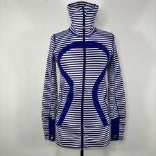 Lululemon In Stride Jacket rare blue/white stripe w high neck and thumb holes 6 picture