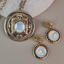 Vintage Opalite Necklace Clip Earrings Set Round Glass Gold Tone Medallion 24