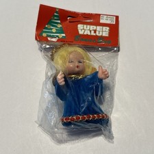 VTG BRADFORD AMES BLONDE Kissing ANGEL BLUE ORNAMENT PLASTIC TINSEL HALO NOS picture