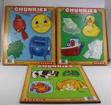 Vintage 1984 Sharin Chunkies Wooden Puzzles Lot of 3 Color, Pet, Things for Bath picture