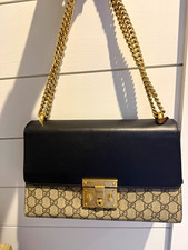 Gucci GG Monogram Shoulder Bag Black Beige Brown Gold Chain Strap Lock w/ Key picture