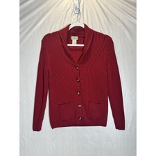 L.L.Bean Womens Red Merino Wool Ribbed Cardigan Sweater Shawl Collar Button Up M picture