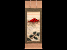 Vintage Japanese Kakejiku Red Mt Fuji Crane Pine Hanging Scroll Akafuji w/ Box picture