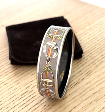 Authentic HERMES Silver Enamel Concours d'Etriers Bangle Orig Pouch Freywilee picture