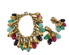 Vintage Bracelet Napier Cha Cha Art Glass Clip Earrings Set Lot Colorful picture