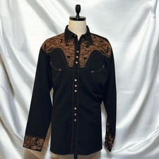 Scully Mens XL Gunfighter Western Pearl Snap Shirt Black Copper Floral P-634 EUC picture
