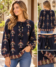 Madewell Women's Marta Folkstitch Popover Peasant Blouse Top Boho Blue Size XS picture