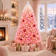 4.5-9ft Pink Flocked Wide Christmas Tree Pre-Lit Warm White Lights Indoor Decor picture