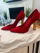 Salvatore Ferragamo Bari X5 Lipstick Red Suede Gold Heel Pumps Size 8 B picture