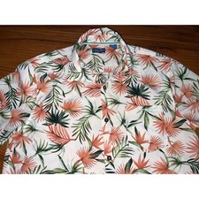 Caribbean Joe Mens Medium Tropical Palm Floral Button Front Shirt White Coral picture