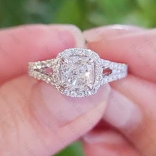 1.7Ctw Cushion Moissanite Split Shank Halo Engagement Ring 14K White Gold Plated picture