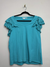 Chico's Womens Eyelet Tee Shirt Top Size 2 Large Blue Ribbed Cap Sleeve picture