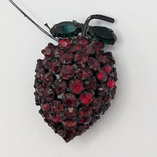 Vintage Warner Strawberry Rhinestone Brooch - Dark Red, Green, Black Back picture