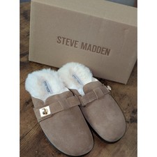 NWT Steve Madden Tan Suede Fur-Lined Slip-On Mules with Gold Buckle picture