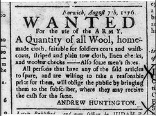 Norwich Connecticut 1776 Andrew Huntington Army Cloth Wanted Advertisement picture