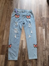 NWT Romwe Straight Leg Butterfly Distressed Jeans Womens Size 32 Medium Wash picture