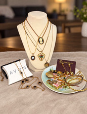 Vintage Gold Tone Jewelry Lot Avon Monet Cameo West Germany + Floral Plate picture