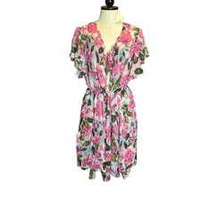 Lasoie SILK Pink Floral Rose Flutter Sleeve Nightgown 2 Piece Lingerie VTG L picture