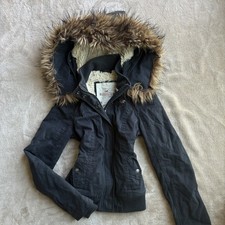 Y2K Hollister Navy Blue Sherpa Lined Bomber Jacket Faux Fur Hood Womens Medium picture