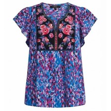 NEW Calessa Blue Multi Embroidered Flutter Sleeve Rayon Blouse Shirt Large - IW picture