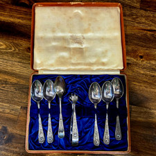 Antique S&B Sheffield EPNS A1 Silverplate 6 Teaspoons & Sugar Tong Cased Set picture