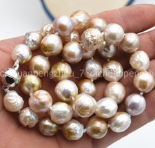 Huge 10-12mm Natural South Sea Real Baroque Edison Pearl Necklace Magnetic Clasp picture