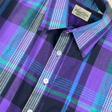 Vintage 70s Men's Store Button Down Shirt Plaid Short Sleeve Tall XL Purple picture