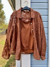 Vintage Chico’s 2 Pc Burnout Floral Shirt & Cami Set Rust Brown Sheer Boho picture