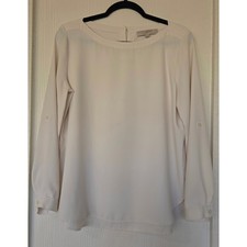 LOFT White Roll Tab Sleeve Button Back Blouse Top Sz MP Office Preppy Old Money picture