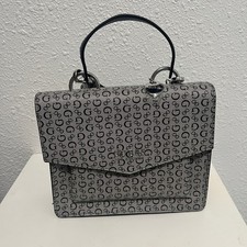 GUESS Baez Crossbody Handbag Black Grey Monogram Flap Top Handle Purse NWT Flaw picture