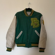 Vintage Men's L Green/White Leather Varsity Jacket DB & 69 Patches Lined Pockets picture
