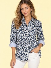 Chaps by Ralph Lauren Top Size 2X No Iron Blue Floral Contrasting Stripe Cotton picture