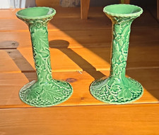 Green Vintage Bordallo Pinheiro ceramic candlesticks Majolica Style Portugal. picture