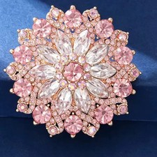Vintage Pink Crystal Flower Brooch Pin Gold Rhinestone Statement Jewelry Gift picture