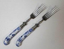 Pr Antique BLUE ONION HANDLE FORKS Blue & White Porcelain Zwilling Germany Tines picture