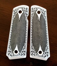 Colt 1911 full size custom engraved faux ivory grips Scroll Diamonds Checkered picture