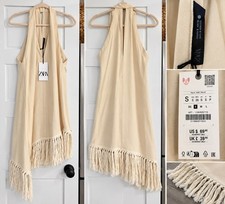 ZARA Cream Fringe Halter Midi Dress Size S NWT Boho Tassel $69.90 picture
