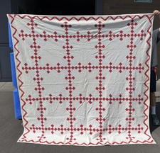 Antique Hand Quilted 1900’s Double Nine Patch Turkey Red Appliqué Quilt 82”x82” picture