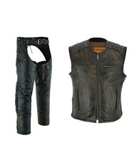 Men's Brown Leather Biker Suit Zipper Vest & Distressed Black Chaps Riding Set picture
