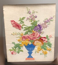 Vintage Crewel Bright Flowers Bouquet in Vase Floral 18”x15” Unframed Embroidery picture