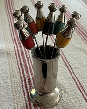 Vintage Cocktail Picks Forks Set of 8 Olives Fondue Charcuterie with Holder   picture