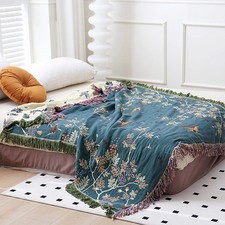 Snycler Boho Throw Blanket 100% Cotton Green Floral Bird Printed 60