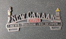 Vintage Metal New Canaan Conn Next Station To Heaven License Plate Topper RARE picture