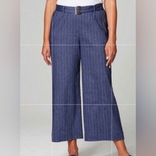 J. Jill Blue Pinstripe Wide Leg Pants Size M Belted Linen Blend Breathable Casua picture