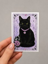 ACEO Print Black Cat In Mixed Media Original Art 2.5x3.5 By Wanda Fitzgerald picture