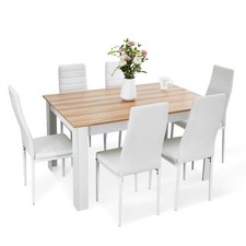 6-7Pc Dining Set High Back Faux Leather White Chairs Rectangular Oak Table picture