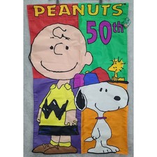 Vintage Peanuts 50th Anniversary House Flag Charlie Brown Snoopy Woodstock 27X43 picture